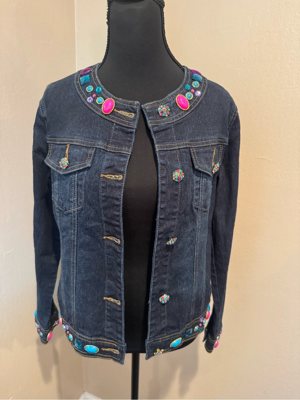Diane Gilman Dark Blue Denim Jacket with Multicolor Gemstones & Jeweled Buttons